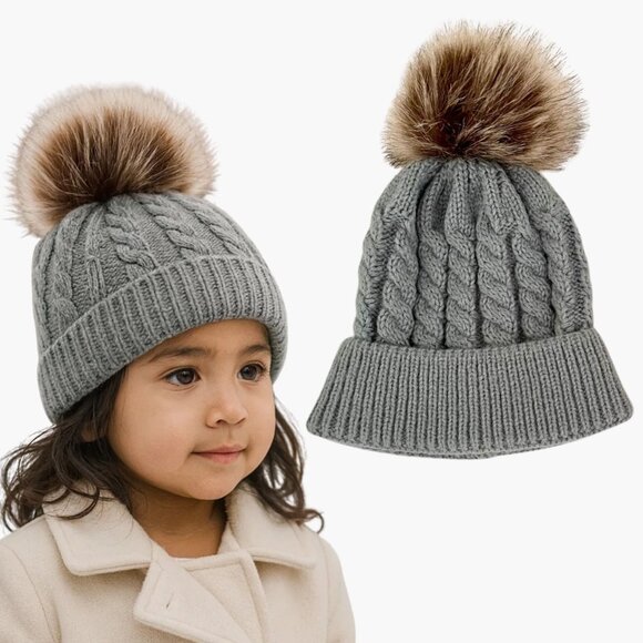 Kids Knit Hat Child Size Gray Cable Knit Faux Fur Pom Beanie Winter Cap - Picture 1 of 6